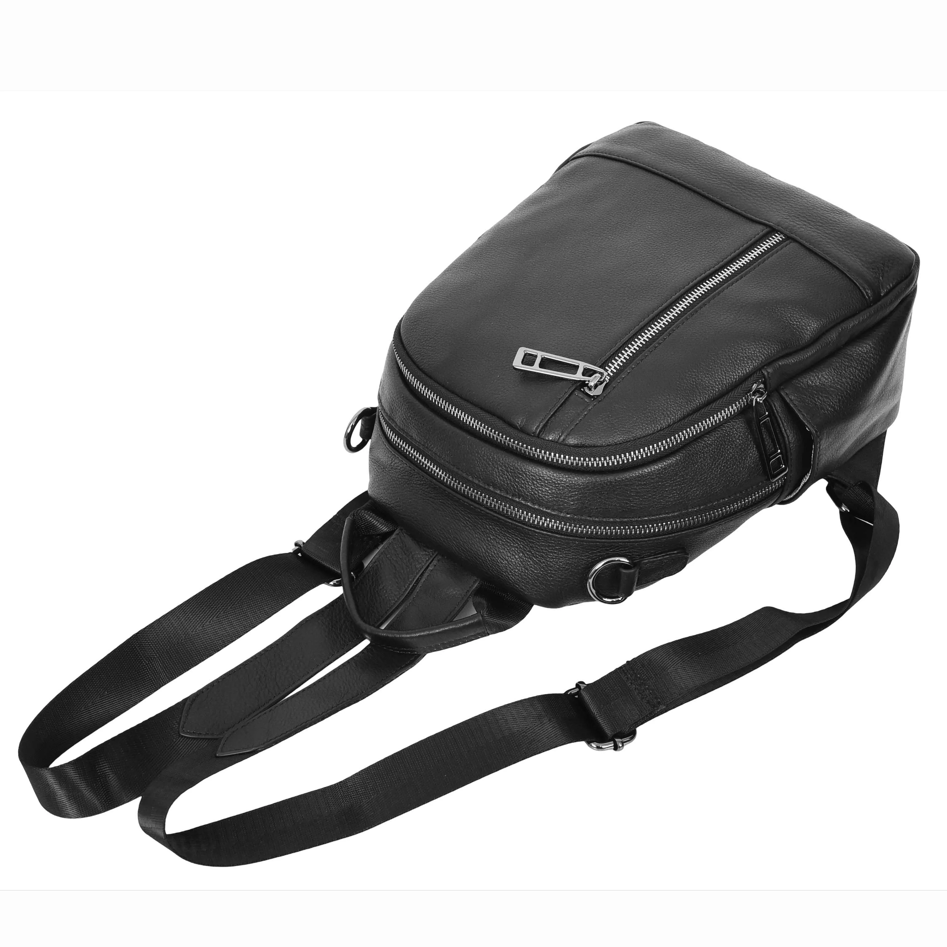 Womens Real Leather Backpack Multi-Zip Pockets Shoulder Bag Rucksack A665 Black